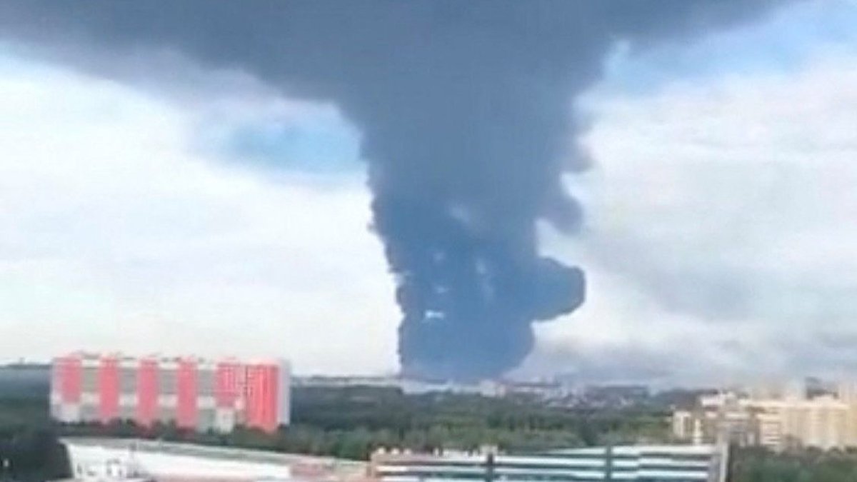 Smoke rises after a Ukrainian drone attack on an oil refinery in Russia