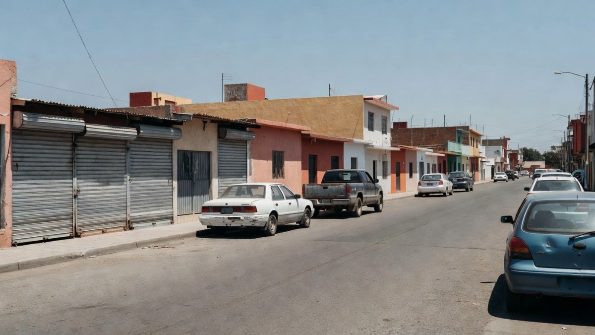 Street scene in a Mexican town affected by cartel violence