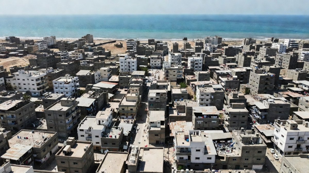 Aerial view of the Gaza Strip coastline and urban neighborhoods