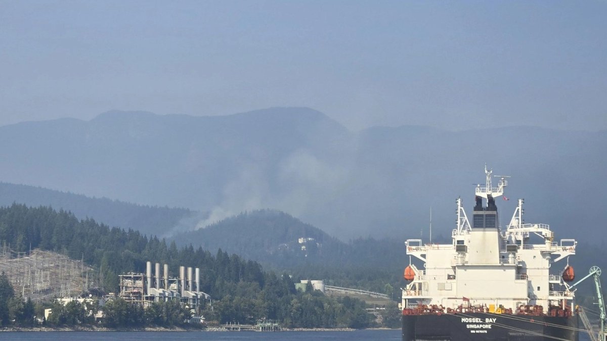 Smoke from the Belcarra Park wildfire seen from a passing West Coast Express train in the Lower Mainland