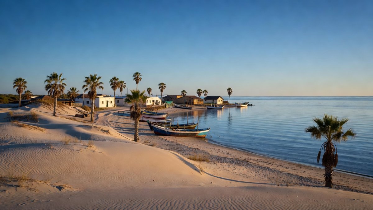 Coastal dunes and fishing village shoreline in Chuburná Puerto, Yucatán