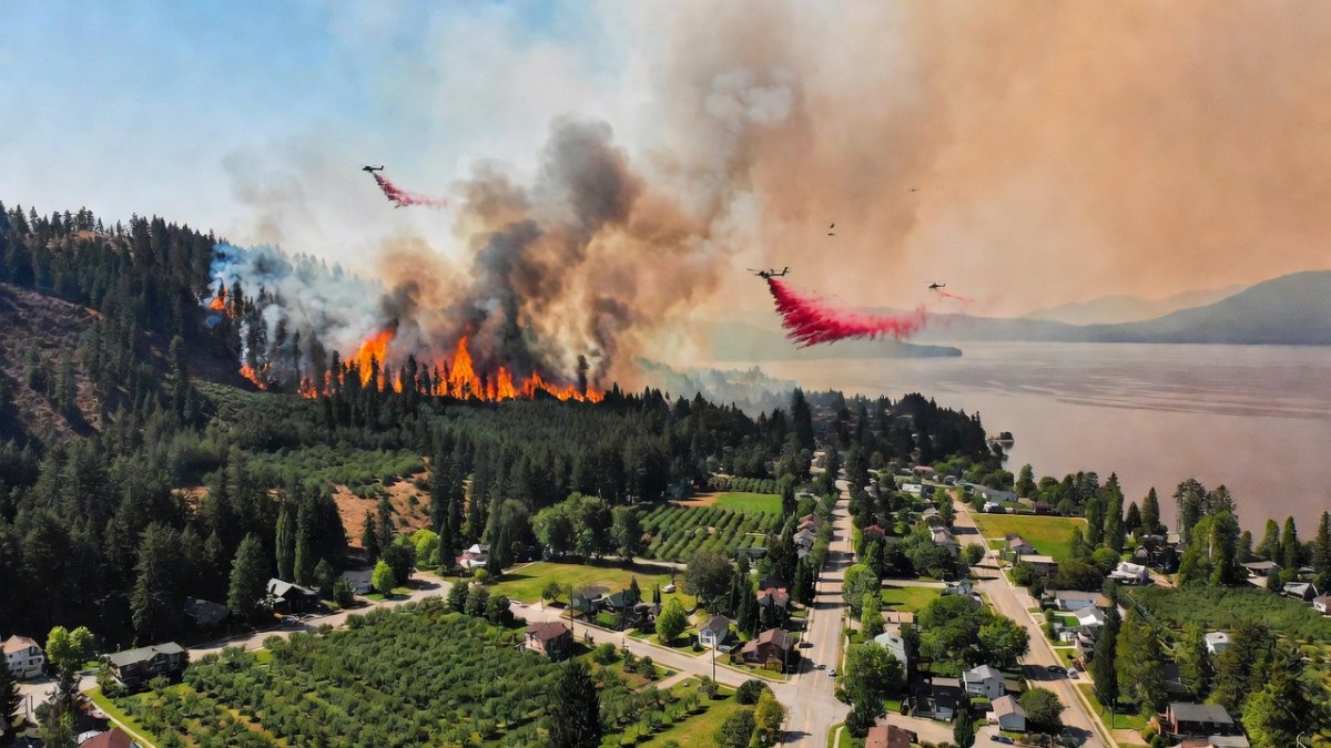 Aerial view of wildfire burning on a hillside above a lakeside community in British Columbia