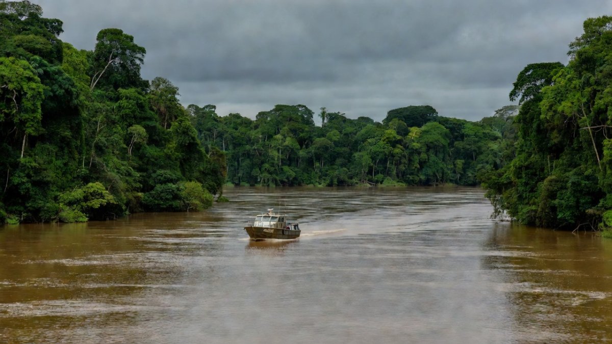 Bolivian police patrol boat on the Mamore River at the Brazil border