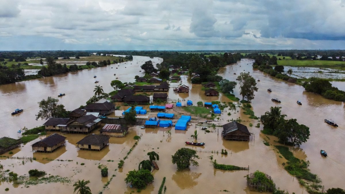 Aerial view of a flood relief camp in Upper Assam during the 2026 monsoon