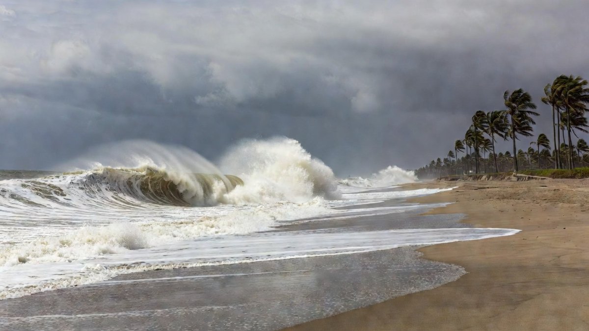Waves breaking on Mexico's Pacific coast under stormy skies