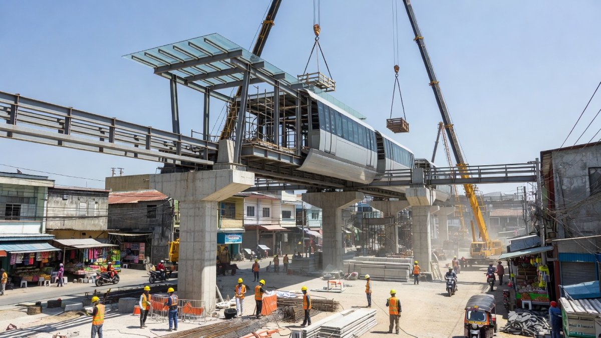 Artist's rendering of the Hat Yai monorail elevated track passing through a commercial district in southern Thailand