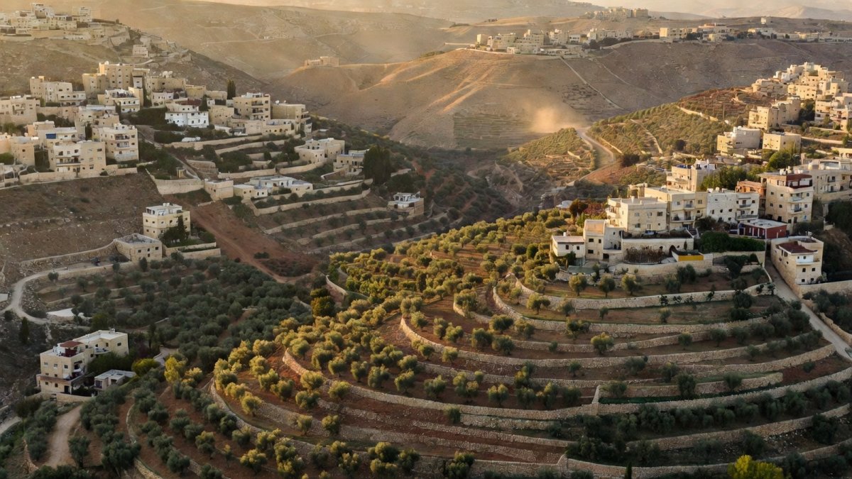 Aerial view of a hilly West Bank landscape with terraced hillsides and olive groves