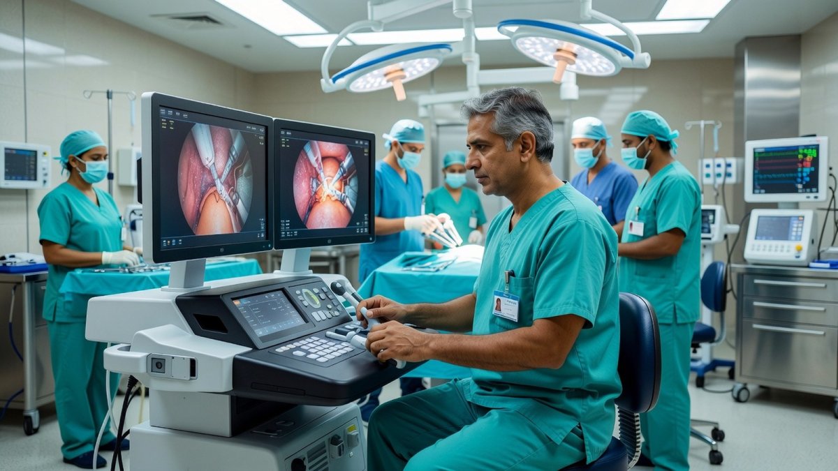 Surgeon operating a robotic surgery console with 3D monitors in a Hyderabad hospital