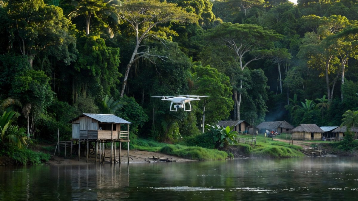 Medical delivery drone flying over the Brazilian Amazon to reach riverside communities with healthcare supplies
