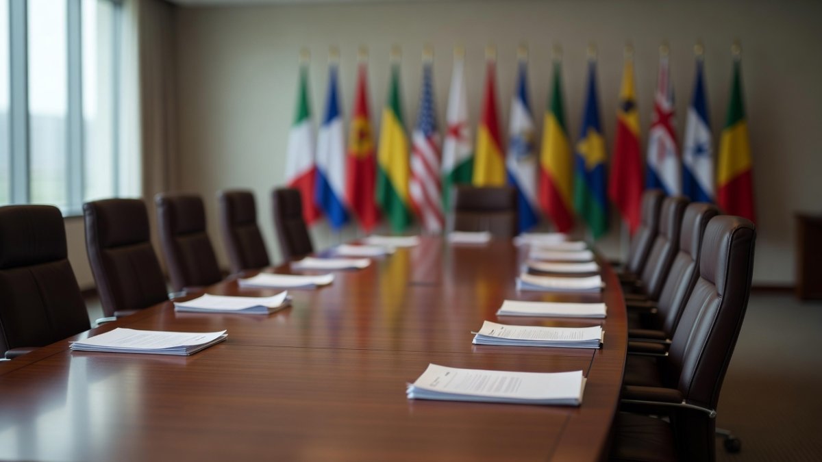 Diplomatic negotiation table with flags of multiple nations
