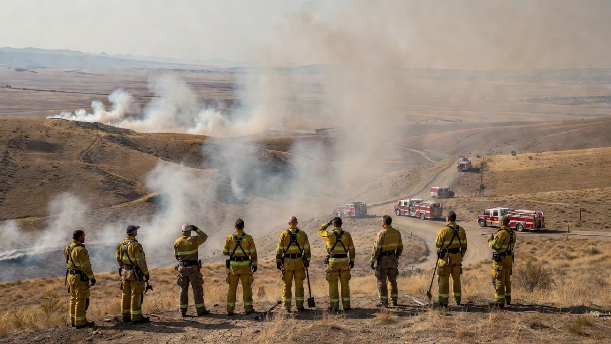 Firefighters monitor wildfire smoke over dry western hills