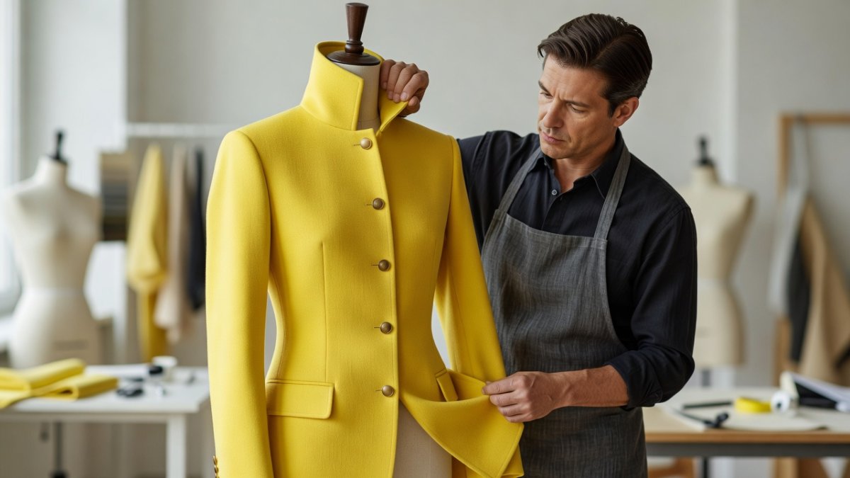 Designer adjusting a jacket on a mannequin for SDXL LoRA dataset prep