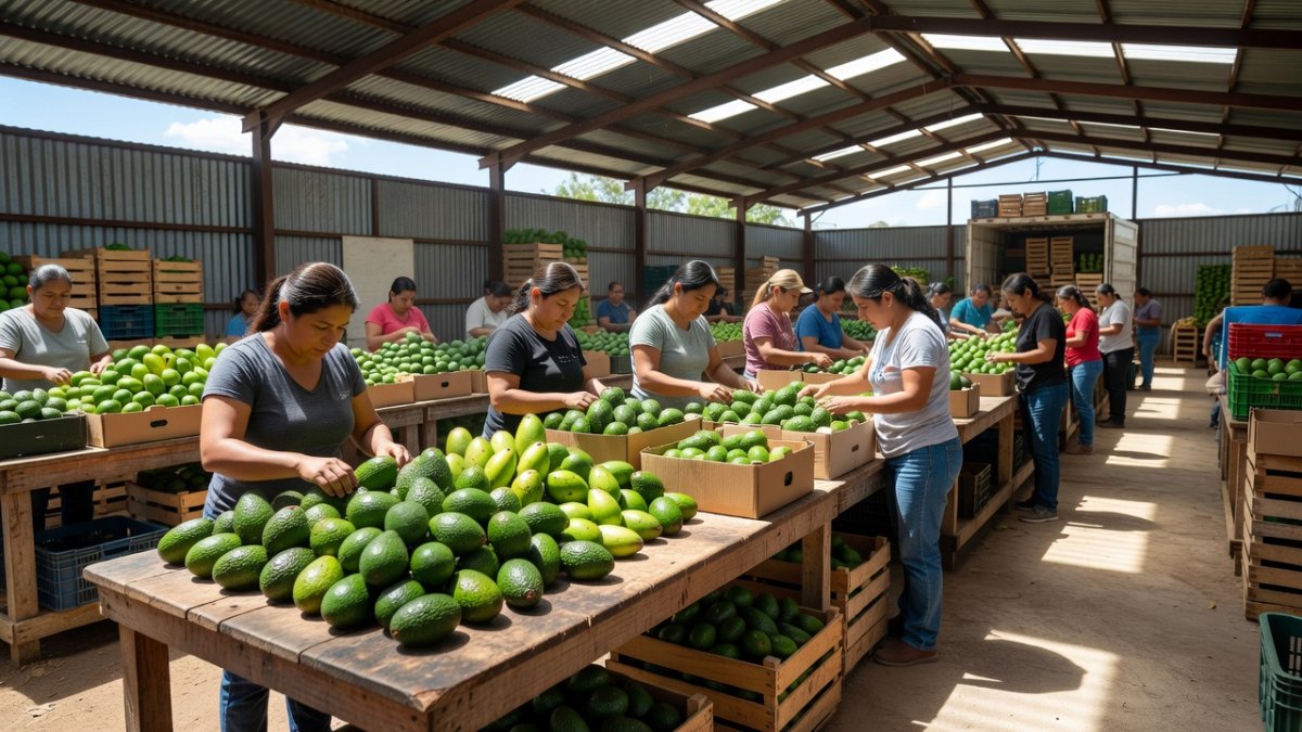 Avocado orchards in Michoacán with workers harvesting green avocados