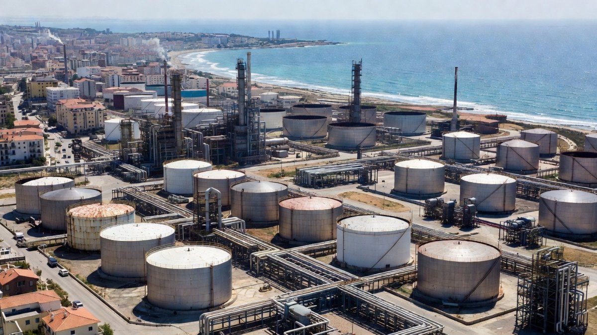 Aerial view of Libya oil refinery infrastructure on the Mediterranean coast