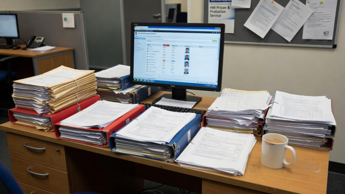 Probation officer's desk with case files and a computer showing offender management system