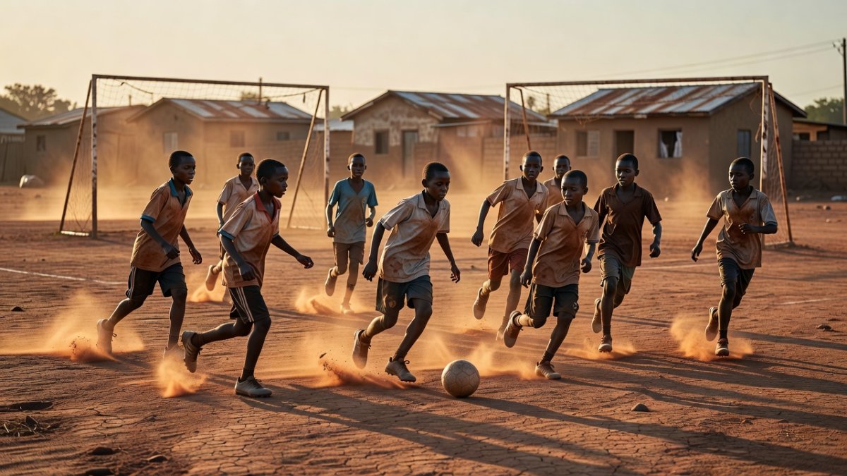 Young diverse African footballers training at golden hour