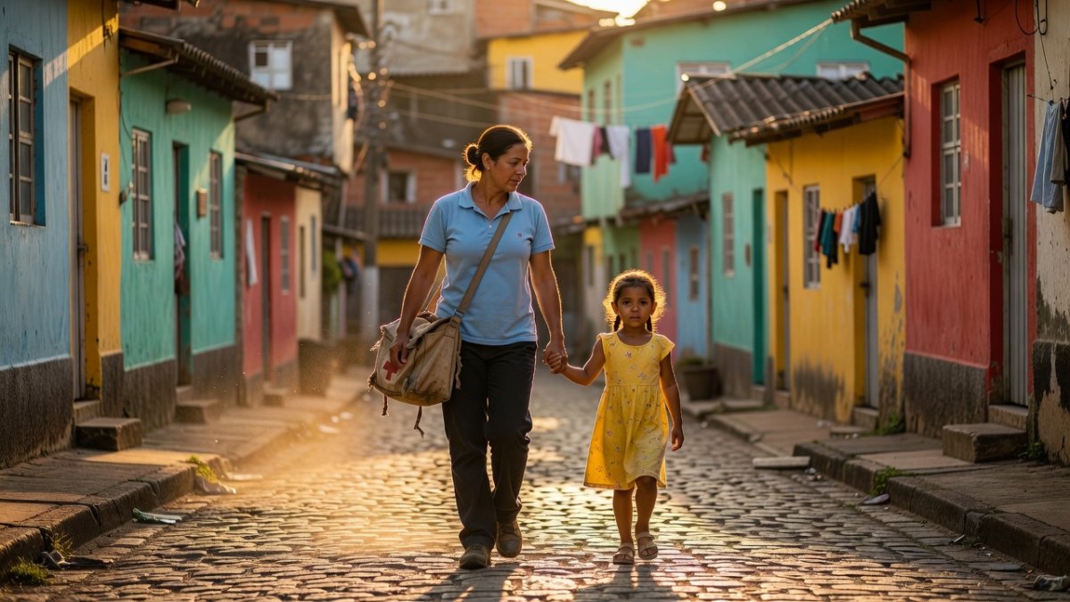 A community health worker walks with a young girl through a Brazilian neighborhood