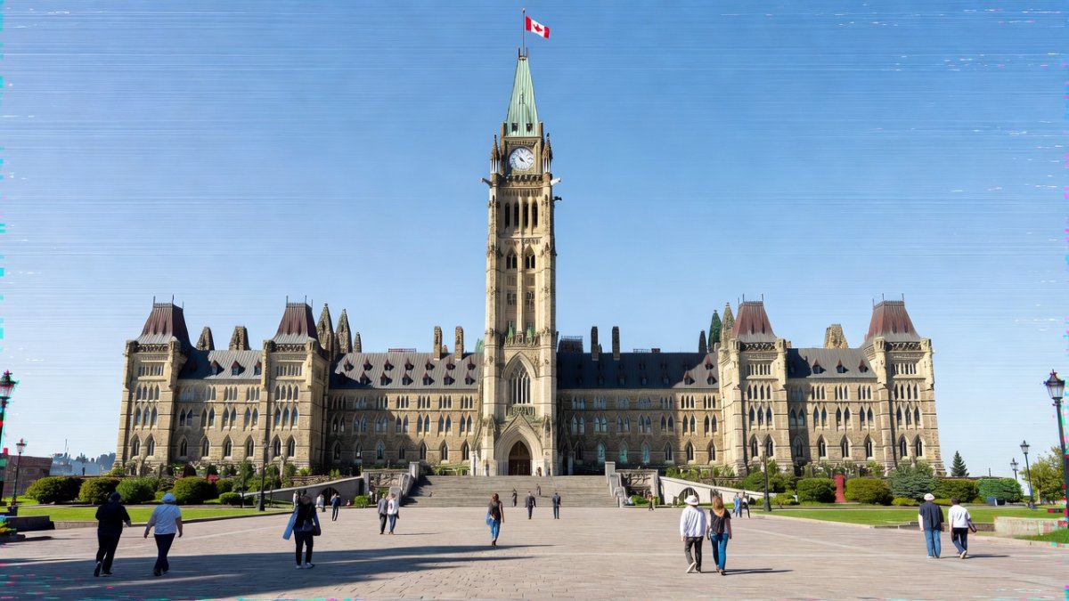The Parliament Buildings in Ottawa, with a digital glitch effect representing AI-manipulated media targeting Canadian politics