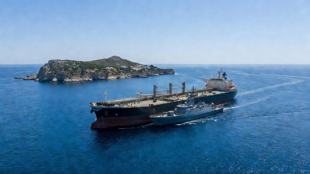 Aerial view of an oil tanker sailing in the Mediterranean Sea near Pantelleria during a shadow fleet interdiction