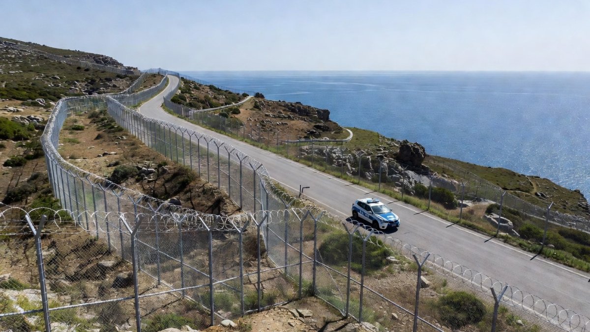 Border fence along coastal hillside with Mediterranean Sea in background