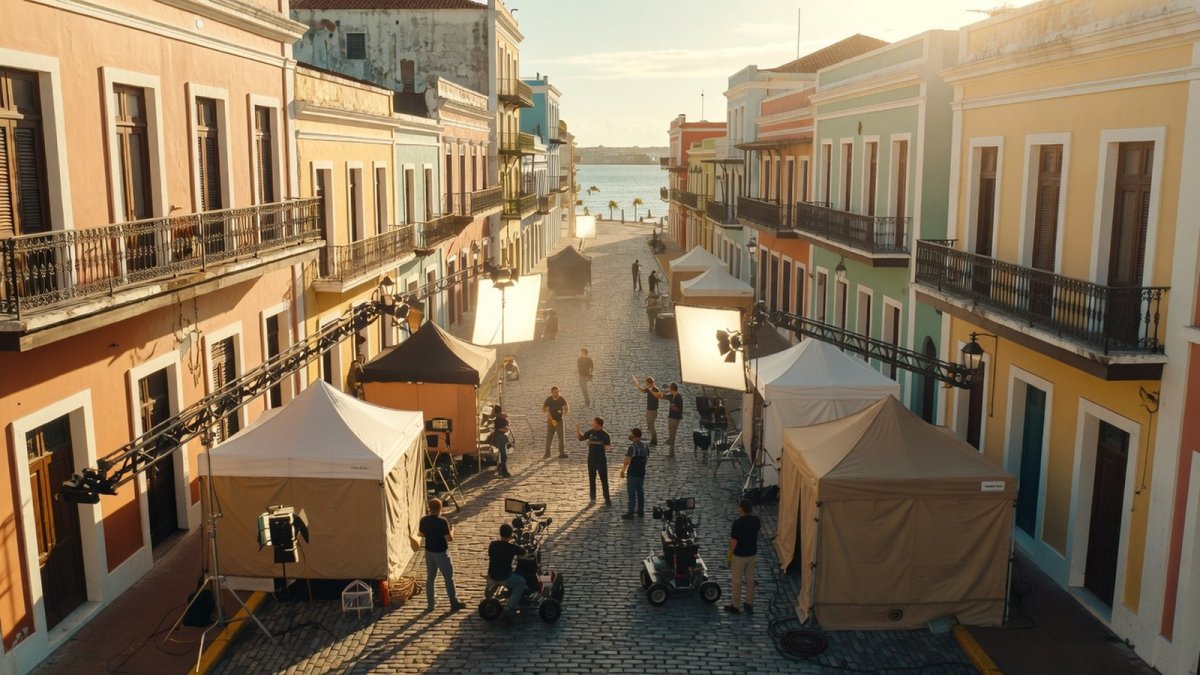A Caribbean film production set with lighting rigs and crew