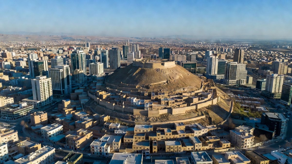 Aerial view of Erbil, capital of the Kurdistan Region of Iraq, with the historic citadel at its center