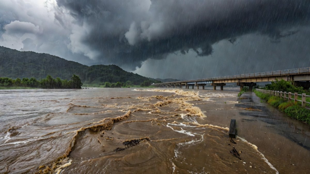 A swollen river in South Korea nears its banks during the late-season monsoon downpour