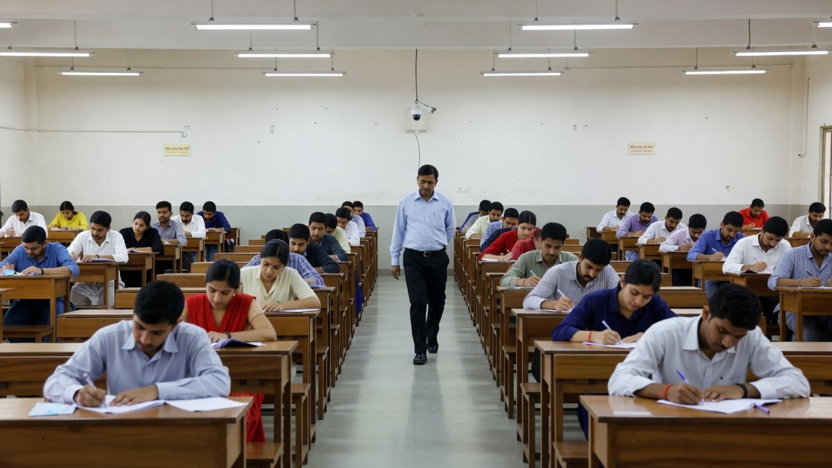 Students appearing for competitive examination in Bihar with CCTV-monitored exam hall