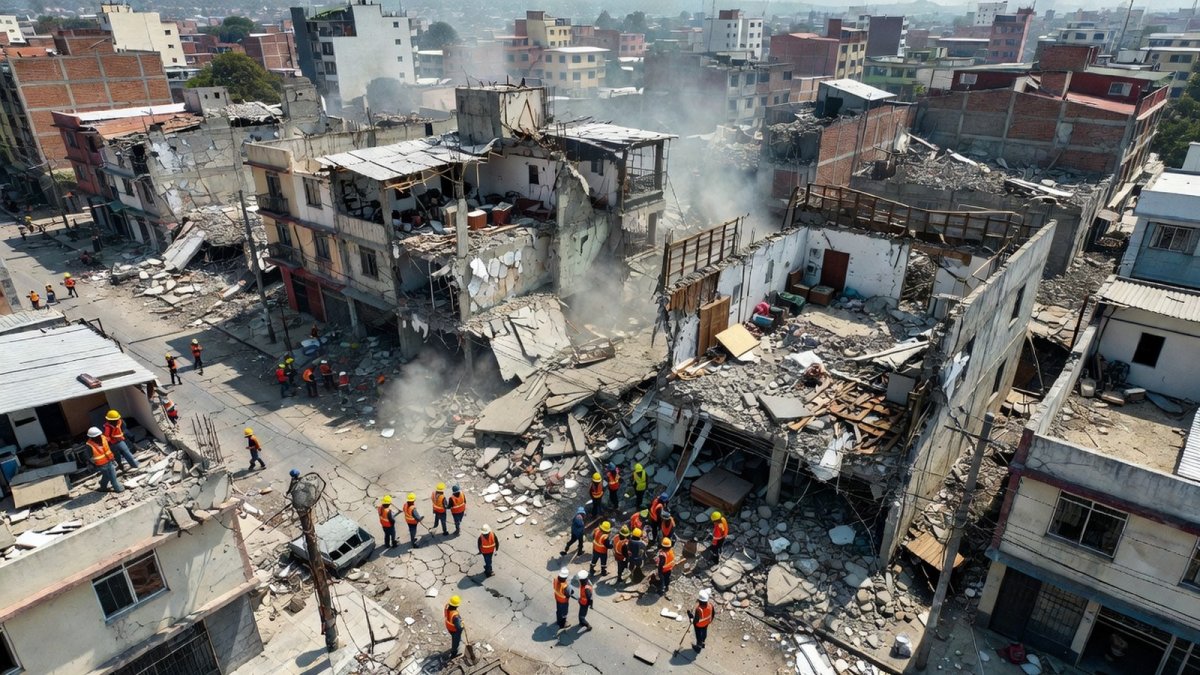 Aerial view of earthquake damage in a Latin American city