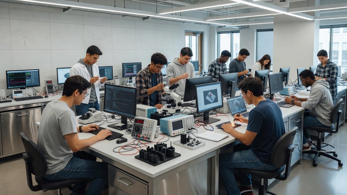 Indian engineering students collaborating on research projects in a Canadian university laboratory