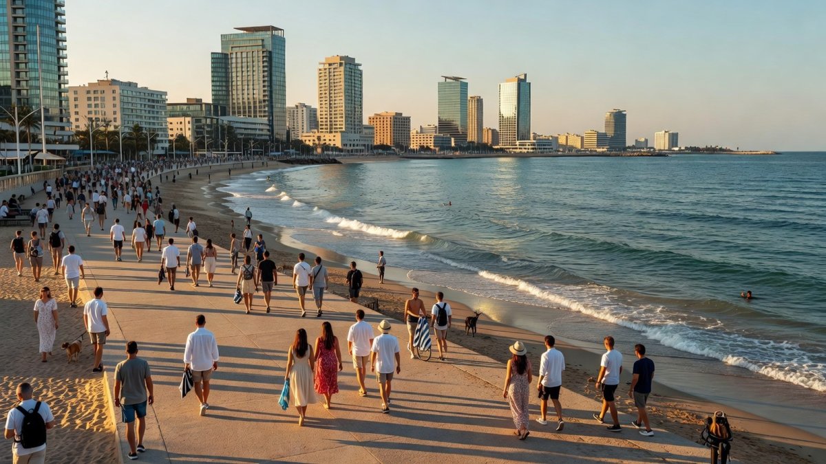 Tel Aviv beachfront at golden hour, reflecting Israeli public sentiment on regional normalization