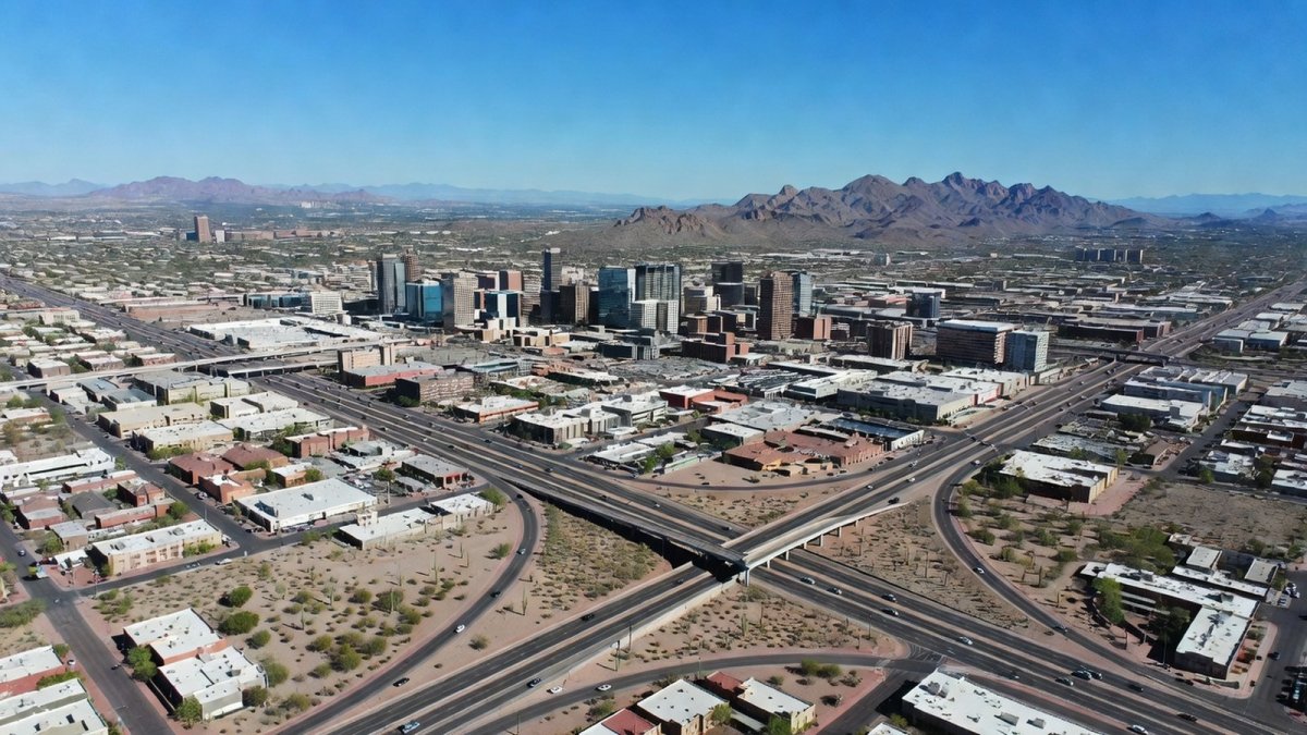 Aerial view of Phoenix, Arizona, desert cityscape