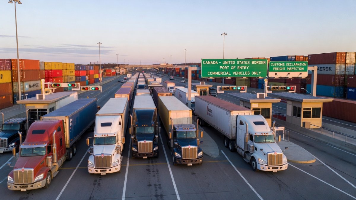 Commercial trucks lined up at the Canada-United States border crossing