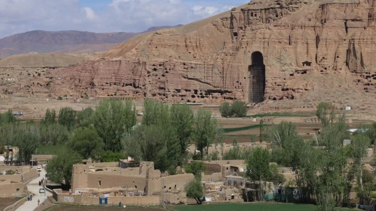 The cliffs of Bamiyan where the ancient giant Buddha statues once stood, destroyed by the Taliban in 2001