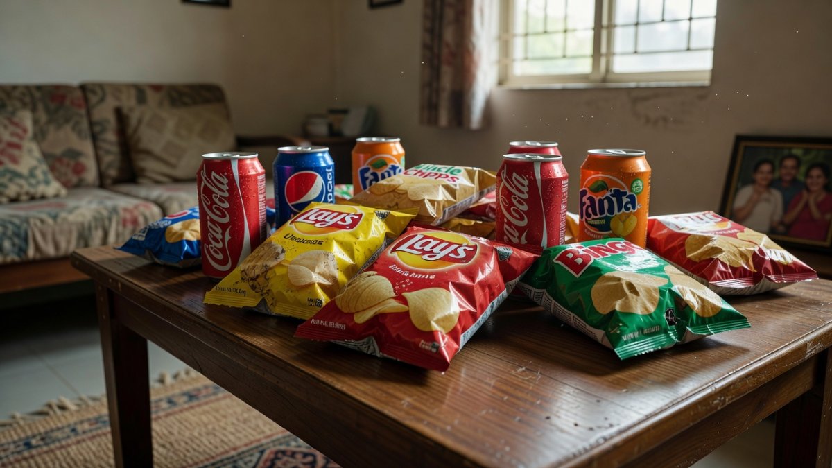 Packaged snacks and sugary drinks in an Indian household