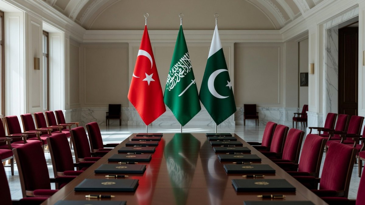 Flags of Turkey, Saudi Arabia, and Pakistan at the Mecca pact signing ceremony