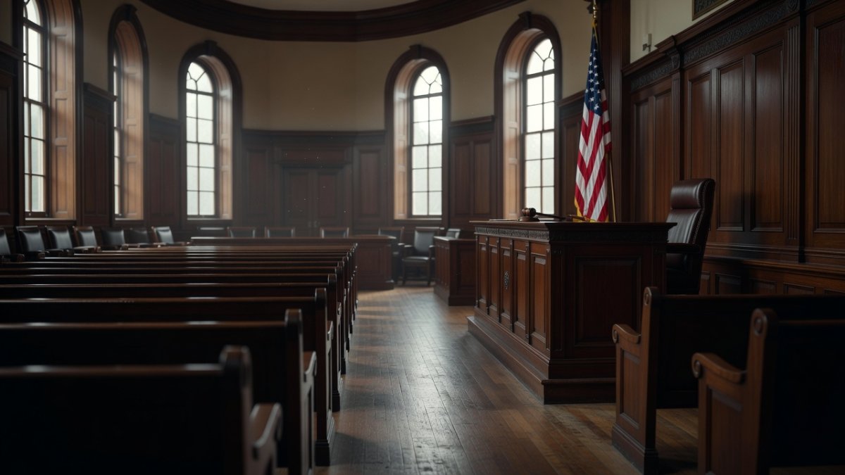 Empty courtroom interior at Plymouth Superior Court