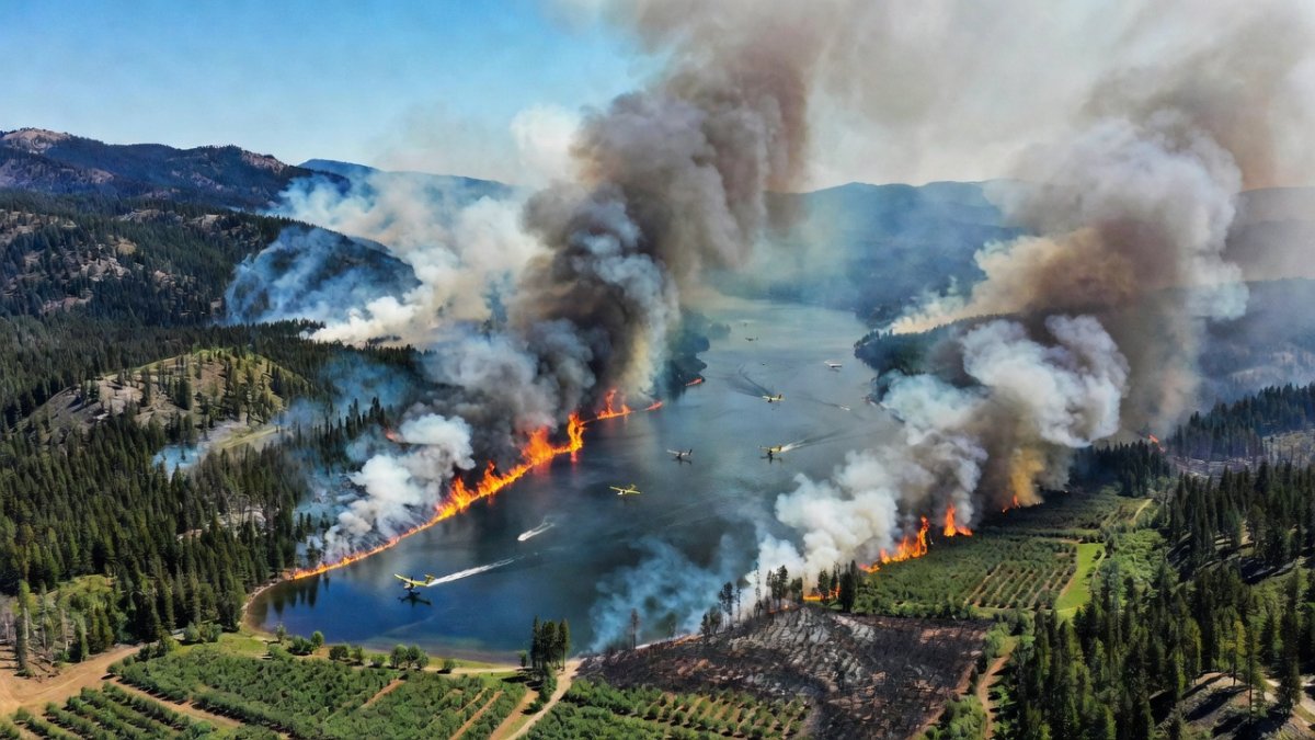 Aerial view of the Bald Range wildfire burning along Okanagan Lake near Summerland, British Columbia