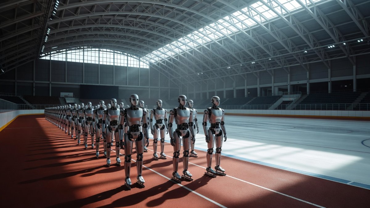 Rows of humanoid robots at the World Humanoid Robot Games arena in Beijing