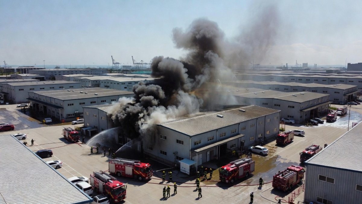 Aerial view of the industrial warehouse complex in Pyeongtaek where the chemical fire broke out