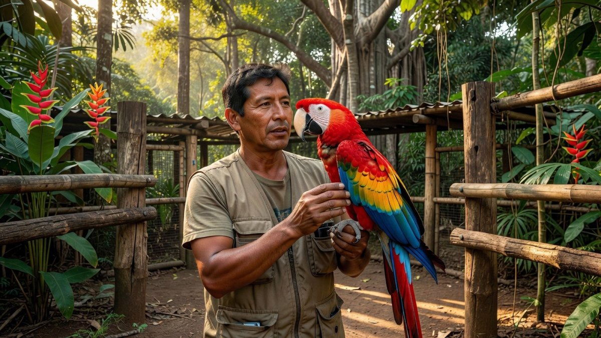 A conservationist cares for a scarlet macaw at a rainforest animal sanctuary in Bolivia
