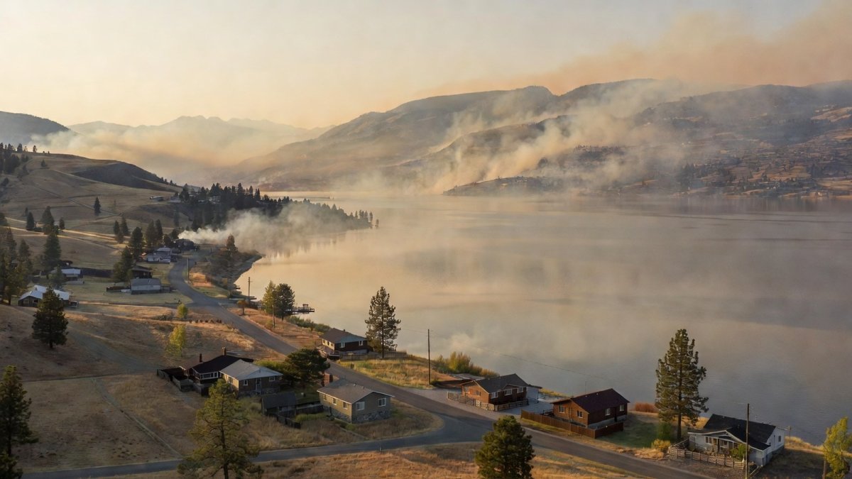Wildfire smoke drifting over Okanagan Lake and hills