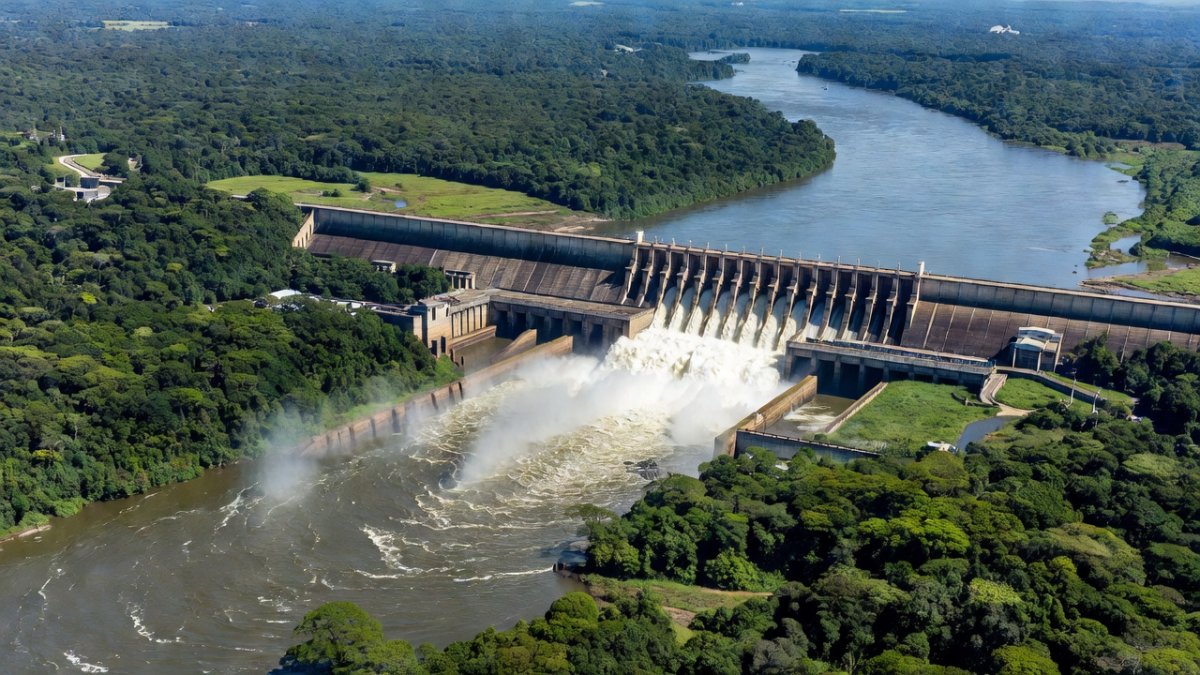 Aerial view of the Belo Monte hydroelectric dam on the Xingu River in the Brazilian Amazon
