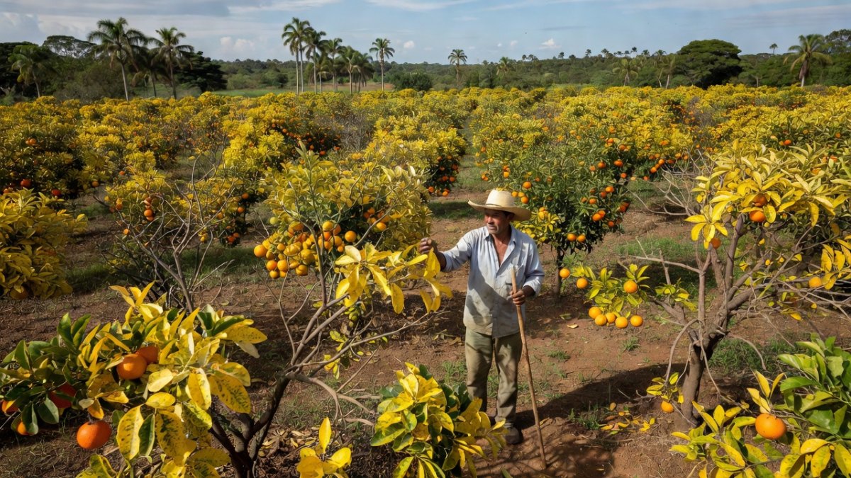 Brazilian orange trees showing yellowing canopies as citrus greening disease spreads through the citrus belt