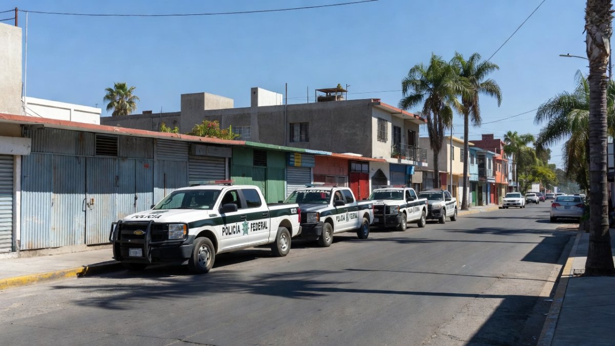 Federal police presence on a street in a Mexican city as the federal government reports a 51 percent drop in homicides