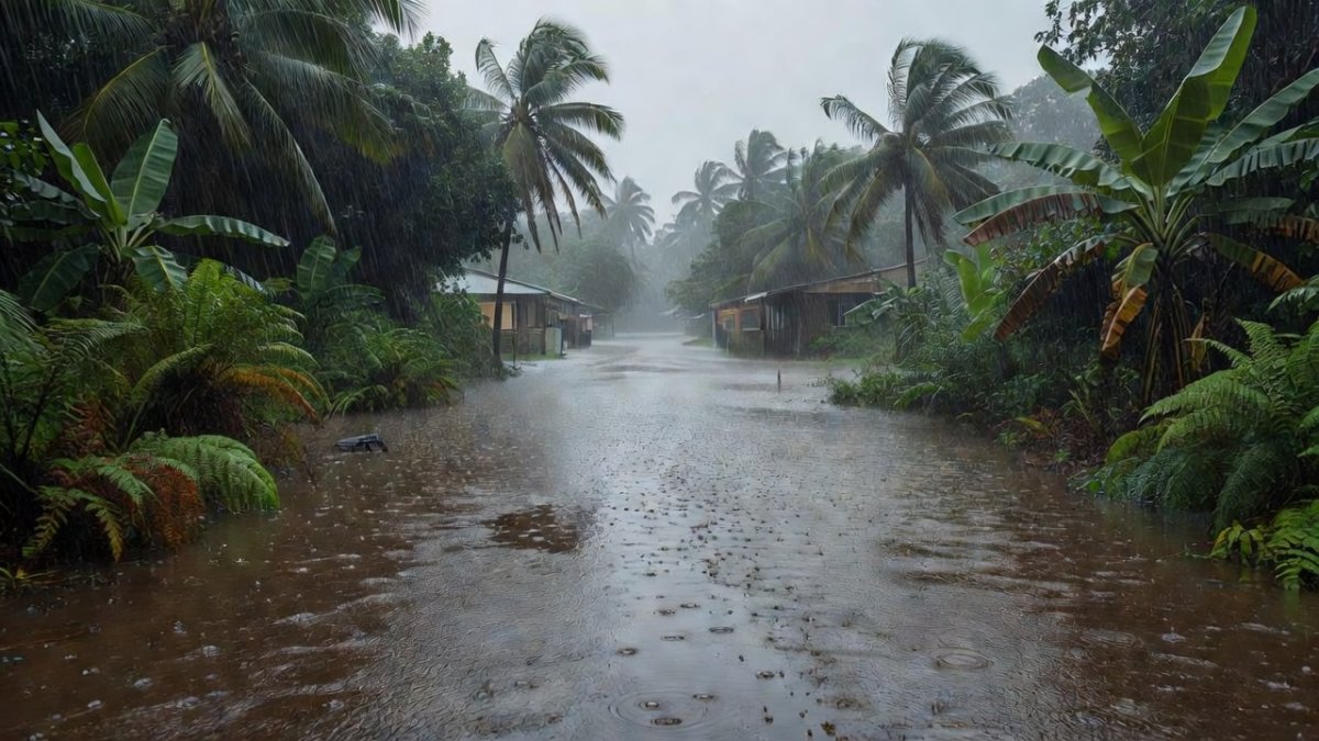 A flooded rural road in Volcano Village on Hawaii Island during Hurricane Lala