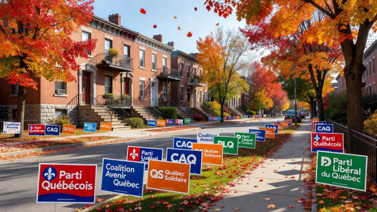 Campaign signs for multiple Quebec political parties line a street in Montreal