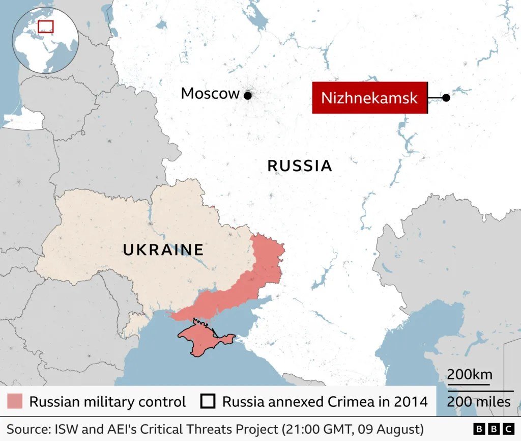 Map showing Nizhnekamsk location in relation to Ukraine, more than 1,100 kilometres from the border