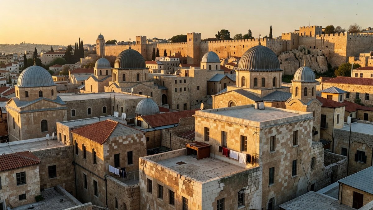 Aerial view of the Old City of Jerusalem showing ancient stone buildings and rooftops