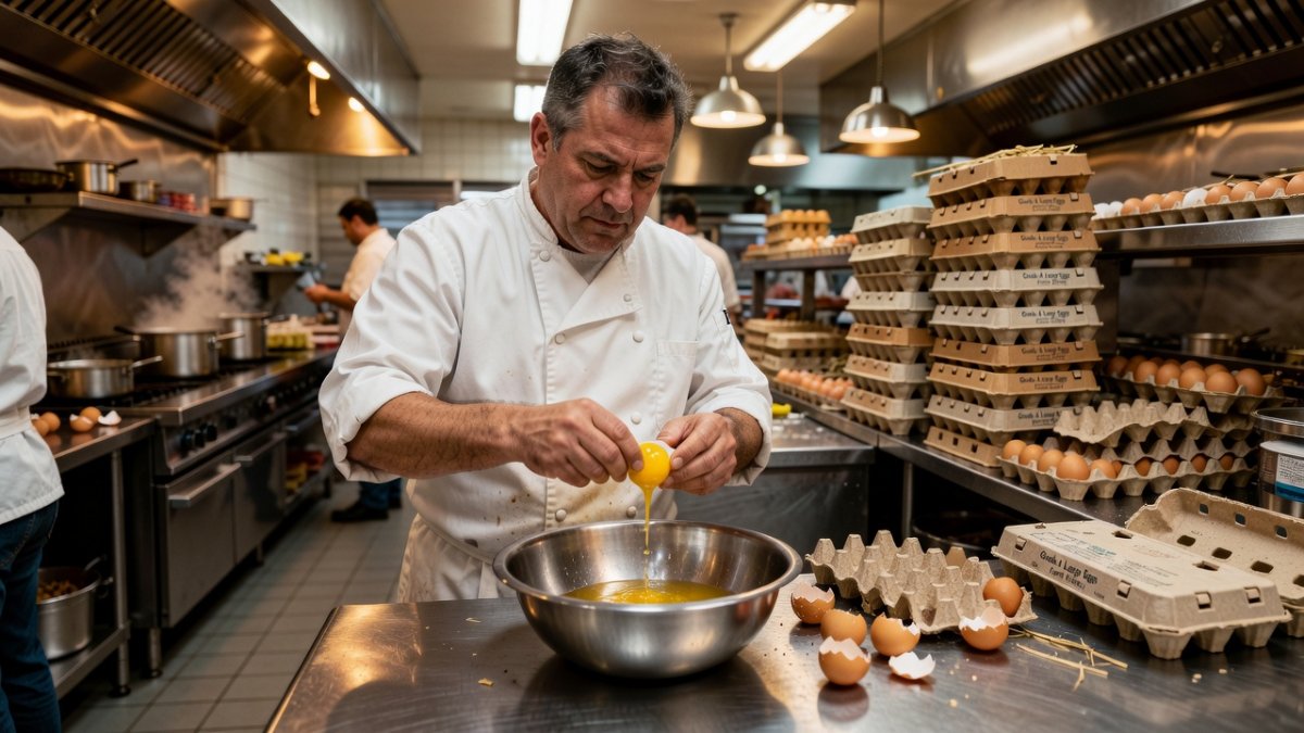A chef cracking imported eggs in a commercial kitchen, with a stack of egg boxes in the background